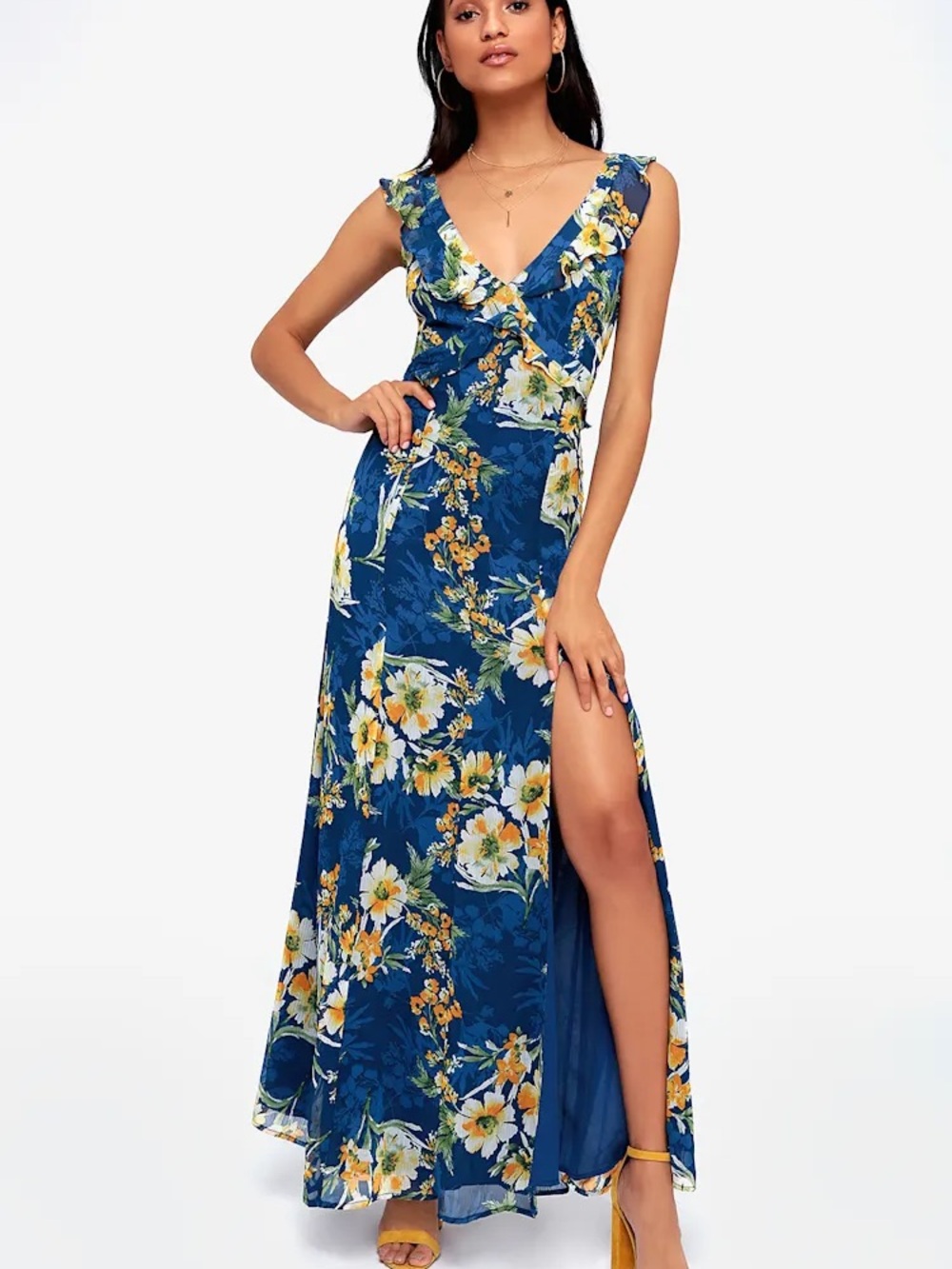 Lulus Feeling Fleur-ty Navy Blue Floral Print Ruffled Maxi Dress XL